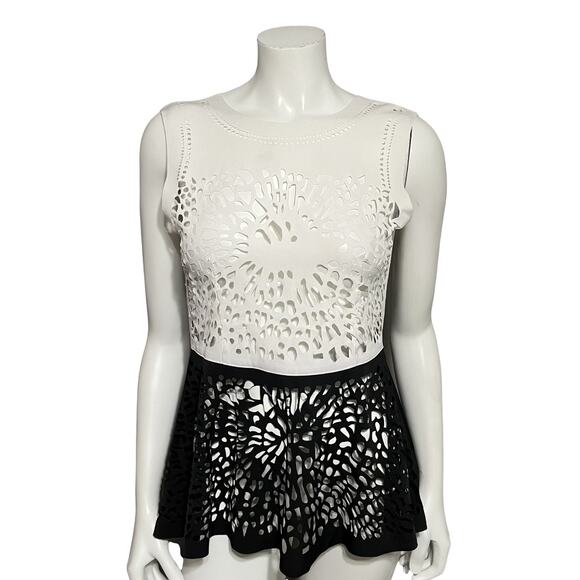 Azalea Tops - Azalea Black White Colorblock Cutout Peplum Sleeveless Blouse Sz-Small